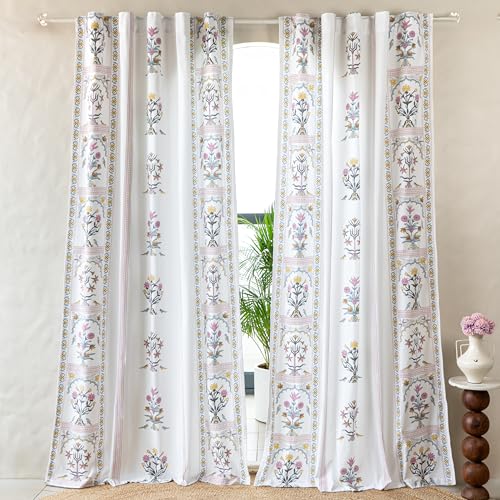 Image of Tranquebar Curtain Co. Cotton Curtains 8 Feet Long, 60-65% Room Darkening, Pink Ethnic Curtains Floral Print, 8 Feet Curtains, 8 Feet Curtains, BackTabs, Sashi (244 cm) - Set of 2