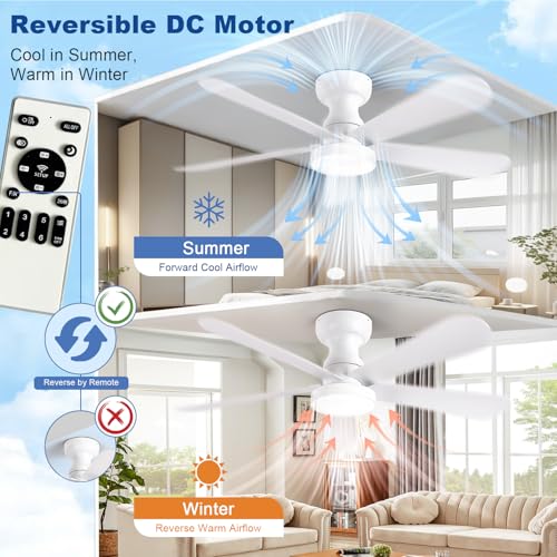 Image of Depuley Small Ceiling Fan with Lights: 42-Inch Flush Mount Fan with Light and Remote - White Low Profile Ceiling Fans Reversible Quiet DC Motor for Bedroom Living Room Indoor Outdoor