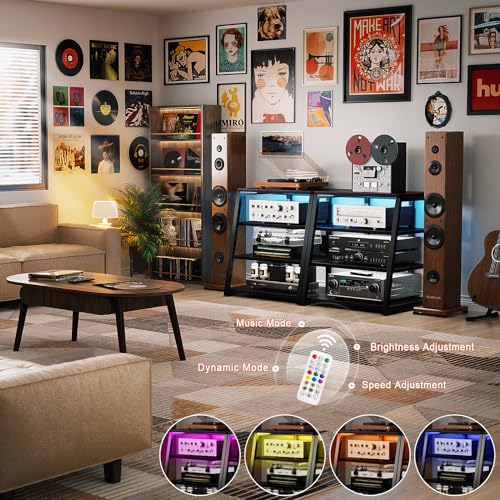 armocity 4-Tier AV Media Stand with Power Strips, Corner TV Stand with LED Lights, Rack Audio Tower with Adjustable Shelves, Corner Entertainment Center, 30'', Black Ebony - Image 5