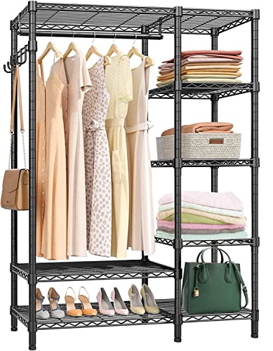 FTEYUET Kleiderständer, Kleiderstange, Garderobenständer mit 6 Höhenverstellbaren Regalböden, Hängefächer, viel Platz, für Schlafzimmer, Wohnzimmer, Schwarz Cover