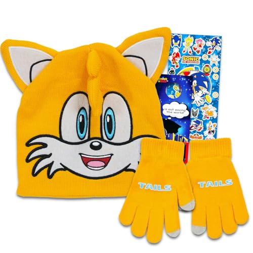 Sonic the Hedgehog Hat and Mittens Set - Bundle with Sonic and Friends Beanie, Mittens, Stickers, More | Sonic Gifts for Boys (Tails)