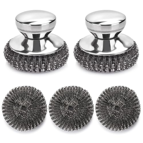 5PCS Stainless Steel Scrubber Pads, Steel Wool Scrubber Set with 2Pcs Handle, Stainless Scrubber for Cleaning Kitchen and Household, Dishes, Stoves, Grill, Wash Sink, Pots