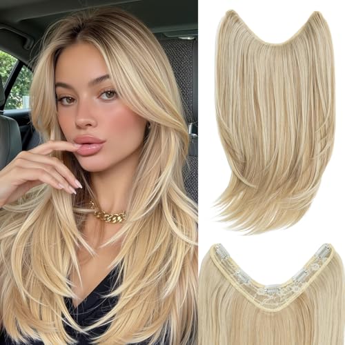 CHALLEAM Clip in V-Shape Hair Extensions for Women 18 Inch One Piece Synthetic Straight Hair Extension Full Head Hairpiece with 5 Clips Sunny Blonde