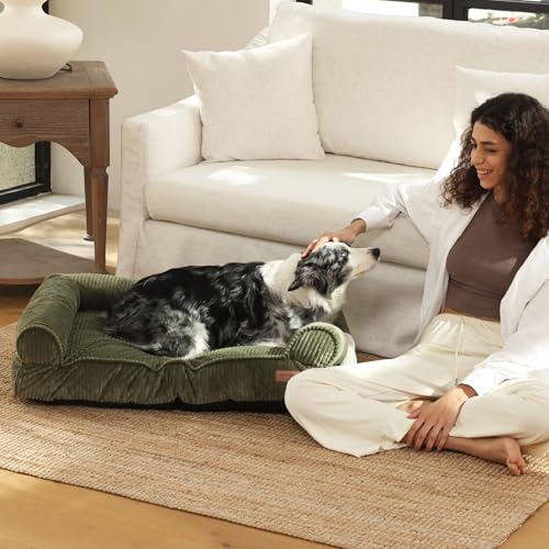 FUKUMARU Hundebett für große Hunde, Flauschiges & Hundesofa mit wasserabweisender TPU-Schicht, Cordstoff, Waschbar und rutschfest, Abnehmbarer Reißverschlussbezug, 93 x 63 x 22 cm, Grün