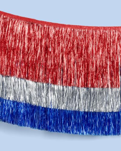 Image of xo, Fetti Red, Silver + Blue Layered Fringe Banner - 6 Ft. | 4th of July Decorations, Western Party Decorations, Patriotic Birthday Party Decor, Cowboy Backdrop, Summer BBQ Sign