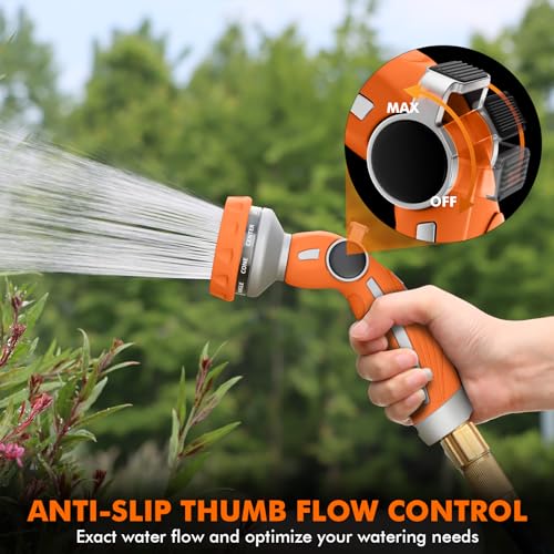 Image of RESTMO Hose Nozzle Heavy Duty, Metal Water Hose Sprayer for Garden | 9 Spray Patterns, High Pressure, Thumb Flow Control, On /Off Valve, Ideal for Outdoor Lawn & Plant, Car & Pet, Orange