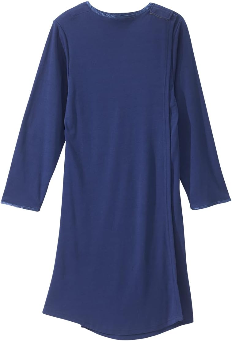 Women’s Open Back Adaptive Henley Nightgown - Long Sleeve Hospital Gown for Seniors with Satin Trim - Image 4