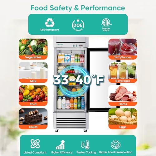 COOLCHEF 27" Commercial Glass Door Refrigerator, 23 Cu.Ft Single Door Reach-In Cooler, 33-40℉, Low-E Tempered Double Glass, 4 Shelves, R290 - Image 4