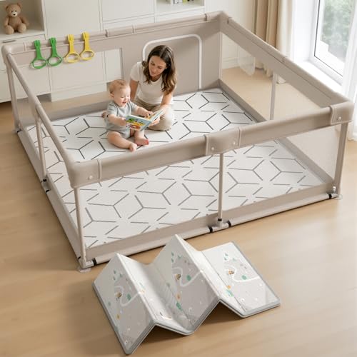 Lertantri Parc Bebe avec Tapis 150x150cm - Barrière de Jeu pour Enfant avec Tapis Mousse Pliable et Anneaux