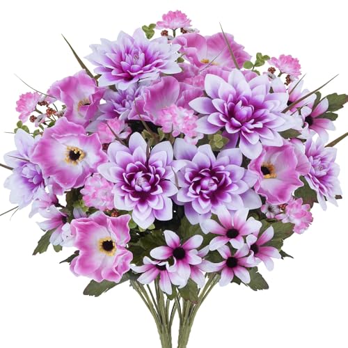 Fairblo 2 Bouquet de Fleurs Artificielles en Soie Violette Fleurs Artificielles Deco Fausse Fleur Exterieur Dahlia Marguerite Coquelicot Artificiel Lila pour...