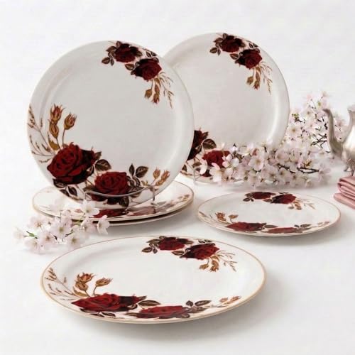 Image of Melamine Quarter Plates | Round Half Plate | Microwave Safe | Break Resistant | Plates for Snacks, Lunch, Dinner | Plates for Home, Office, Restaurant | Set of 6 | 7 Inch's (Red Rose)
