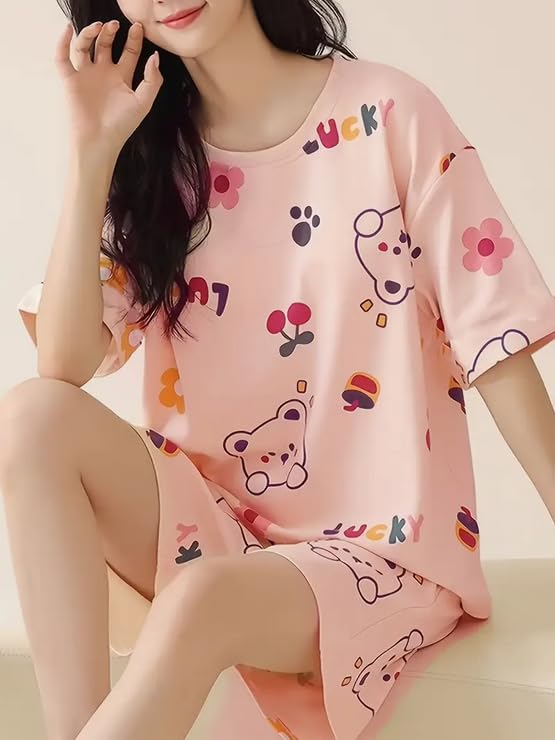 Image of Lunza Women's Cotton Blend Pajama Set, Short Sleeve T-Shirt and Shorts, Cute Bear Print Nightwear