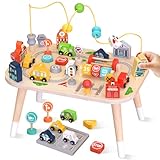 Weilim Aktivitätstisch für 1-jährige, Holz-Sinnestisch mit Perlen Labyrinth, Formensorter und Tierische Schienenbahn, Montessori-Farm-Spielcenter, Lernspielzeug ab 12 Monaten (Auto)