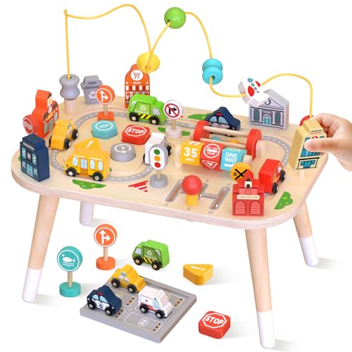 Wooden Montessori Activity Table for Toddlers, Baby Busy Table with Bead Maze, Shape Sorter, Cars & Road Signs, Traffic Learning Activity Center Sensory Toys for Birthday Gift Boys Girls 1+ Year Old
