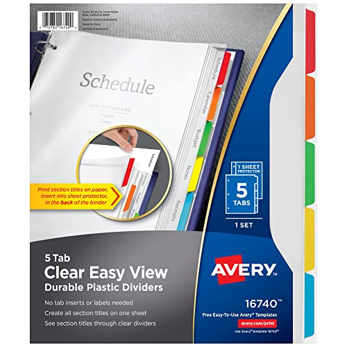 Avery Clear Easy View Durable Plastic Dividers for 3 Ring Binders, 5-Tab Set, Bright Multicolor, 1 Set (16740)