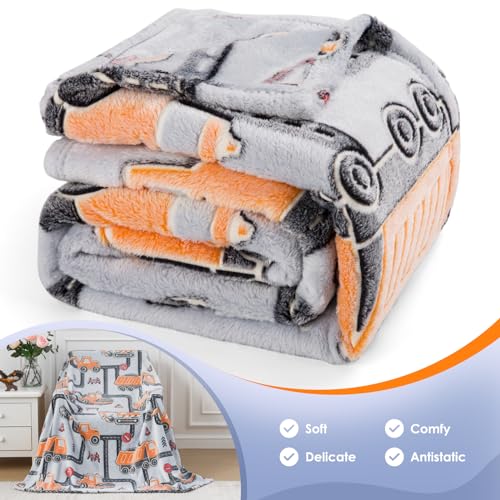 Image of Glow in The Dark Truck Blanket- Kids Boys Construction Excavator Truck Toys for Toddlers Age 1 2 3 4 5 6 7 8 9 10 Years Old Teen Birthday Christmas Valentine's Easter Gifts Car Plush Throw 50 inchx 60 inch