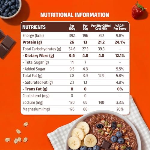 Image of PINTOLA 26g High Protein Oats 400g, Dark Chocolate, No Refined Sugar, with Almonds, Raisins, Pumpkin & Chia Seeds, 9.6g Fibre, Rolled Oats for Weight Loss, Breakfast Cereals | Gluten Free