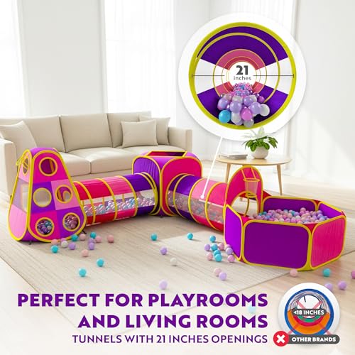 Image of Playz 5pc Kids' Play Tents & Tunnels - Ball Pit for Toddlers, Basketball Hoop, Crawling Tubes, Pop-Up Playhouses, Baby Obstacle Course for Indoor or Outdoor Use