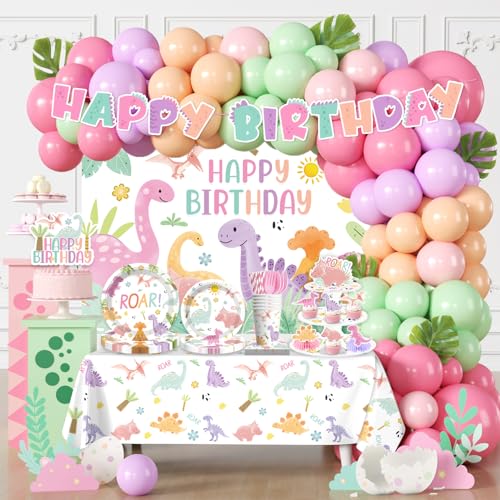 293pcs Pink Dinosaur Birthday Decorations for Girl Worry-free One-stop Set for 25 Guests with Dinosaur Balloon Arch Plates and Dino Cupcake Stand Easy Setup for Dinosaur-Themed Party