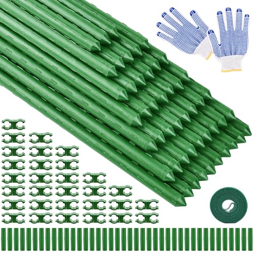 WAENLIR Garden Stakes16 Inch 48 Pack Tomato cage DIY 4ft 5ft 6ft 7ft 8ft Plant Support Stakes with Connectors and Clips Plastic Coated Metal Sticks for Tomato Indoor Outdoor