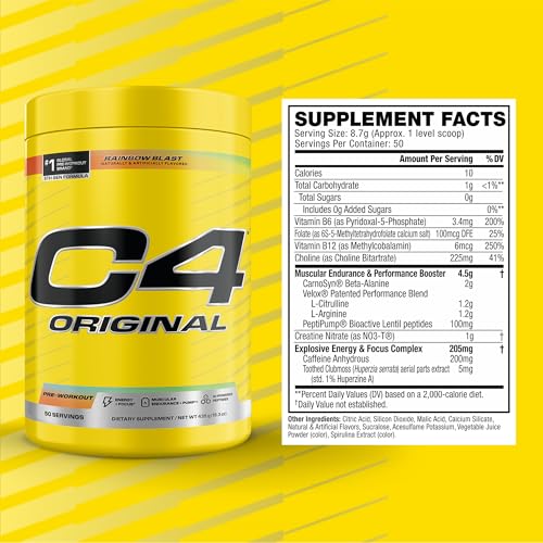Image of C4 Original Pre Workout - Pre-Workout for Endurance, Focus & Performance with 200mg Caffeine, Beta-Alanine, Creatine Nitrate, L-Arginine & PeptiPump - Sugar Free, 50 Servings, Rainbow Blast