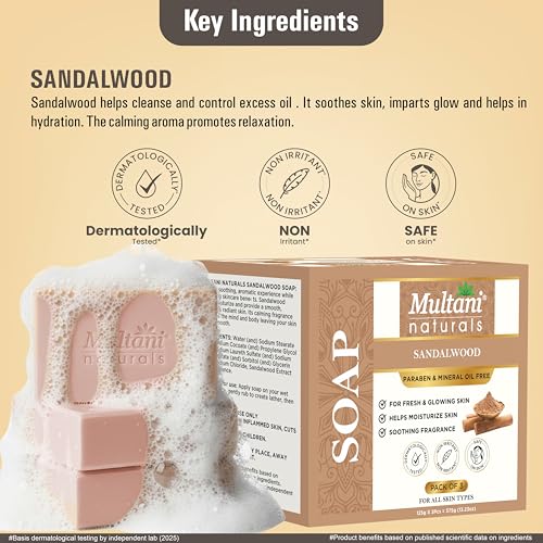 Image of Multani Natural Sandalwood Ayurvedic Soap - 125 gm (Pack Of 3) | For Hydration & Glow | Helps Rejuvenate Dull & Tired Skin | Paraben Free | Clinically Tested | For All Skin Types | Soap Bar For Men & Women