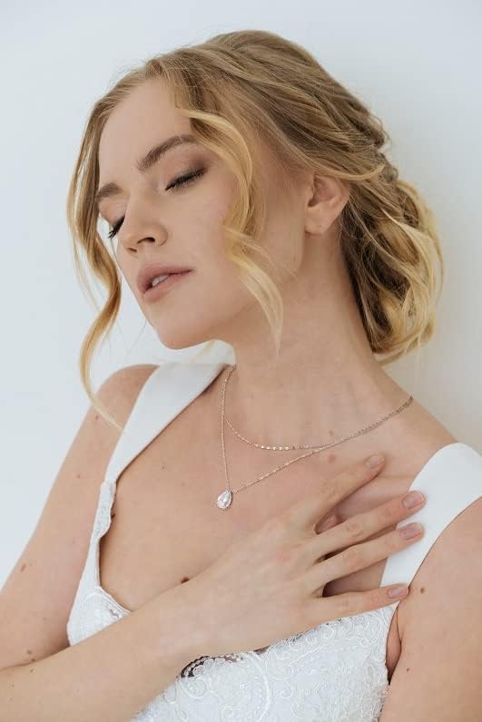 SWEETV Teardrop Wedding Back Necklace for Bride Bridesmaids, Cubic Zirconia Simple Back Pendant Bridal Necklace for Wedding Party - Image 2