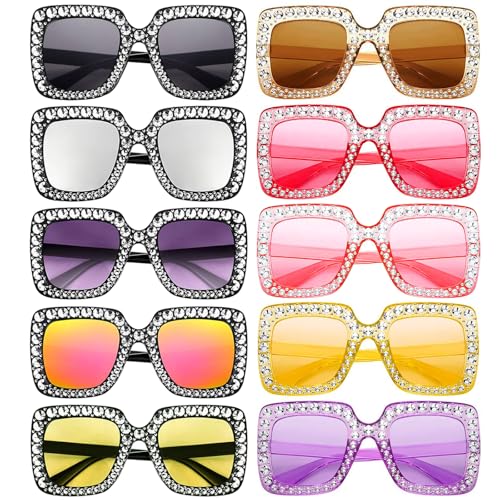 Matcheck 10 Pack Women Sparkling Crystal Sunglasses Oversize Glitter Square Glasses Funky 70s Disco Accessories
