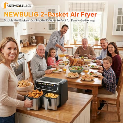 Image of NEWBULIG Dual Air Fryer with 2 Baskets 9.5 QT, 10 in 1 Large Air Fryers | Ceramic Crisper Plate, Match Cook, Sync Finish, Shake Reminder, 80-450F Wide Temp, Roast, Defrost, Dehydrate, Bake, Black