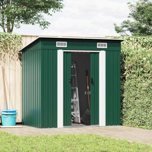 WGYHOME Cobertizo de jardín de metal verde para herramientas y equipos, acero galvanizado, 190 x 124 x 181 cm, doble puerta corredera, orificios de ventilación, jardín y patio