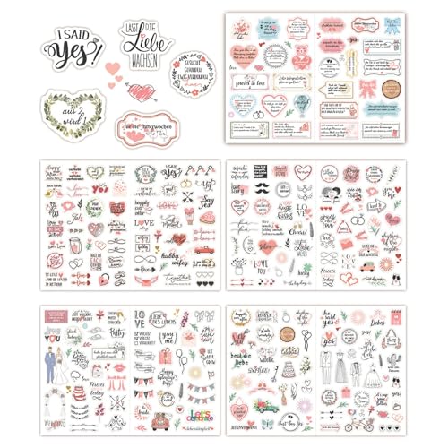 MOLIMOLI Pegatinas Libro de visitas la boda 5 hojas 266 piezas, álbum fotos Álbum recortes Diario viñetas Amor Decoración bodas Despedida soltera, Purpurina