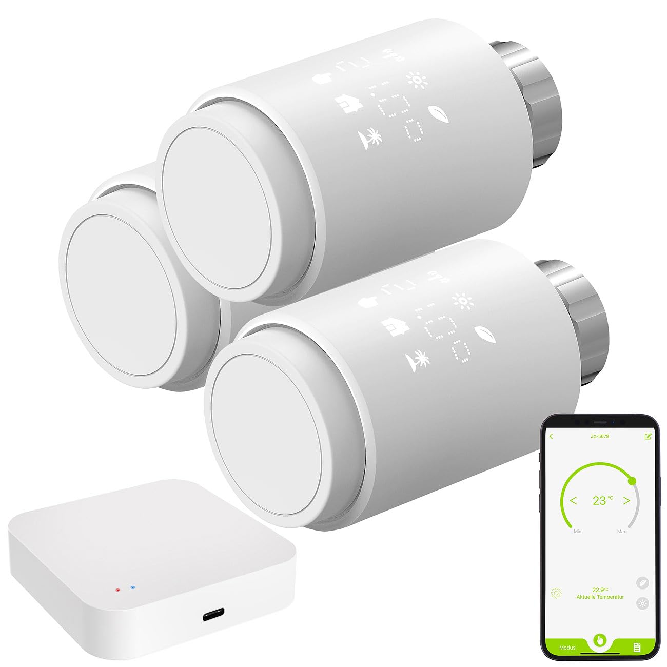 revolt Thermostat Gateway: 3er-Set smarte Heizkörperthermostate mit Display, App, ZigBee-Gateway (Heizkörper Thermostat Digital, Heizkörper Thermostat WiFi)