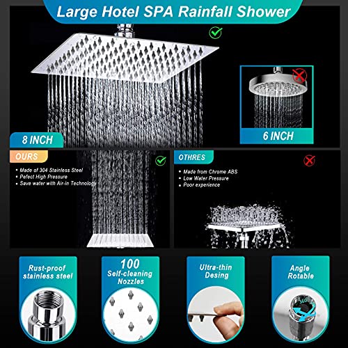 Auletin Shower Head With Handheld-8'' Rain Shower Head High Pressure And 9 Setting Spa Spray Showerhead, Stainless Steel Square Rainfall Shower Head With Holder, 11'' Extension Arm, 60'' Shower Hose #TOP3