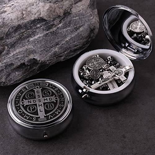 HanlinCC 6mm Hematite Stone Black Beads Catholic Saint Benedict Rosary Necklace for Men and Boy with St.Benedict Center Piece and Crucifix with Metal Gift Box4