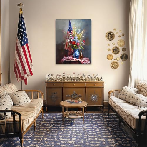 Image of Memorial Day Canvas Wall Art, Patriotic American Flag with Flowers Print, Rustic Veterans Day Oil Painting, USA Independence Day Poster Framed Artwork for Living Room and Office Decor 20x24inch