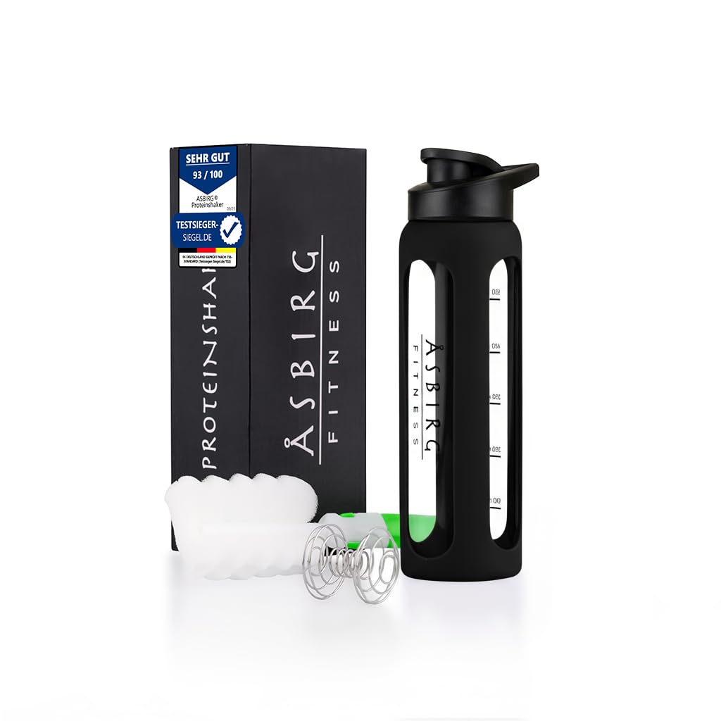Asbirg Fitness | 24 oz Glass Protein Shaker Bottle – BPA-Free, Leakproof Lid, Stainless Steel Mixing Ball & Silicone Sleeve – Gym Shaker for Smoothies, Shakes & Pre-Workout – Black