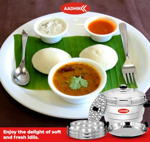 Image of AADHIK Stainless Steel Idli Maker 5 Plate Steamer | 21 Regular Idli & 18 Mini Idli Capacity | Multipurpose Idli Cooker, Idli Steamer, Dhokla Maker & Mini Idli Plate | Gas & Induction Compatible Kitchen Accessories