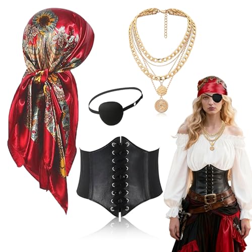FOUNSHO 4 peças disfarce de pirata mulheres bandana remendo ocular corset medieval cinto colar pirata acessórios mulheres carnaval Halloween cosplay festa jogo de RPG disfarces Medievais (vermelho)