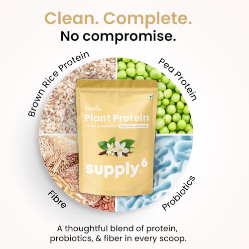 Image of Supply6 Plant Protein | 24g Vegan Protein with Probiotics & Fibre | Complete Amino Acids | Gut-Friendly, Zero Sugar, No Chalkiness | Delicious Taste (1000g, Vanilla)