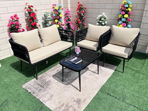 Image of LOCCUS 4-Piece Outdoor Indoor Rope Patio Furniture Set Conversation Garden Waterproof Weaving Rope Bistro Set for Balcony Lawn Garden Terrace (Beige and Black)