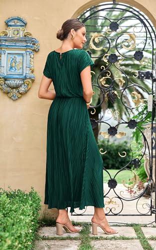 Image of ECOWISH Women Maxi Dresses Cocktail Party Wedding Guest Formal Pleated Long Dress Short Sleeve Slit Empire Waist Evening Gown