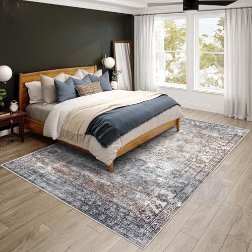 vivorug 8x10 Area Rugs - Ultra-Thin Washable Rug with Non-Slip Backing, Ideal for Living Room, Bedroom, Kitchen Floor Carpet - Vintage Style, Easy Clean, Durable, Low Pile Rug (Taupe/Stone)