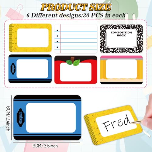 Image of Whaline 180Pcs Back to School Name Tag Stickers Self-Adhesive Nameplate Decal Pencil Crayon Composition Book Apples Blank Name Label for School Classroom Office Desk Wall Decor