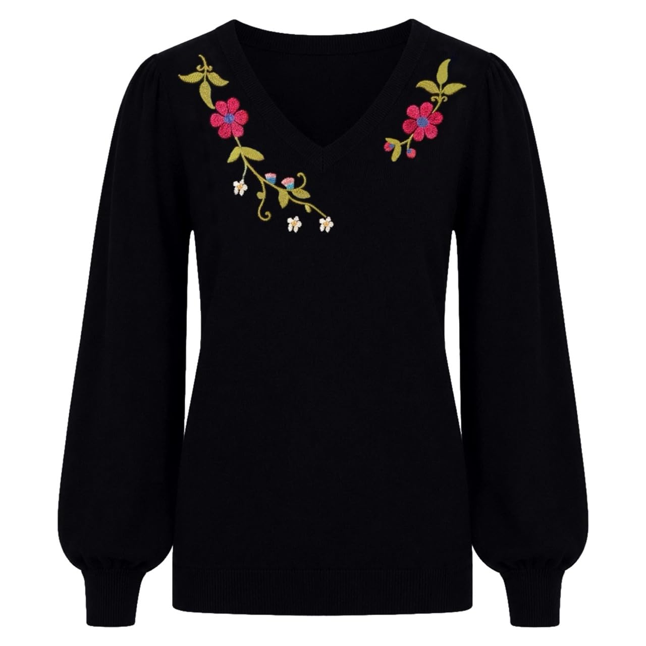 OXKnit Damen Strickpullover Langarm 60er Retro Blumenstickerei Pullover