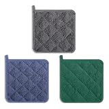 Yuibthr Potholders, Pot Holders for Kitchen Heat Resistant Cotton Hot Pads with Hanging Loops, 3-Pack (Blue+Gray+Green)