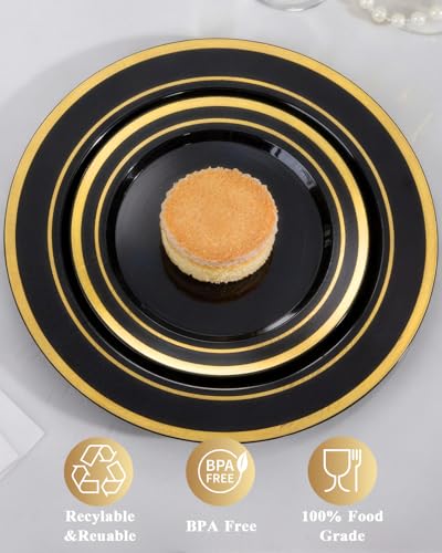 Image of Goodluck 200 PCS Black Plastic Plates with Gold Rim, Heavy Duty Disposable Black Plates with 100 10.25 inch Dinner Plates and 100 7.5 inch Dessert Plates for Party, Holiday, Wedding