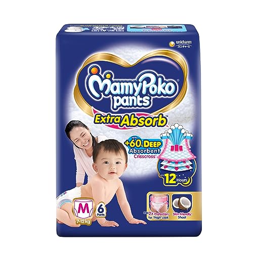 Image of Mamypoko Pants Extra Absorb Baby Diapers, Medium (M), 6 Count, 7-12 Kg - In Ear, Multicolor