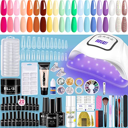 20 Colors Gel Nail Polish Kit with U V Light Starter Kit, 3 Styles Nail Extension, Poly Extension Builder Gel, Nail Tips, Nail Polish Sets for Women, Gel Nail Polish Set with Top and Base Coat (LIGHT) (light)