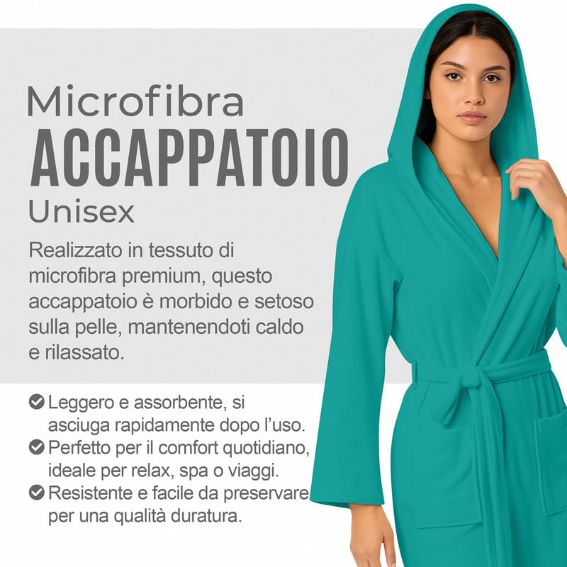 NARCISO - Accappatoio Uomo Donna Microfibra Economico con Tasche Cappuccio e Cintura, Ideale per Casa, Viaggio, Palestra, Tessuto Morbido e Comodo, Taglie dalla S alla XXL