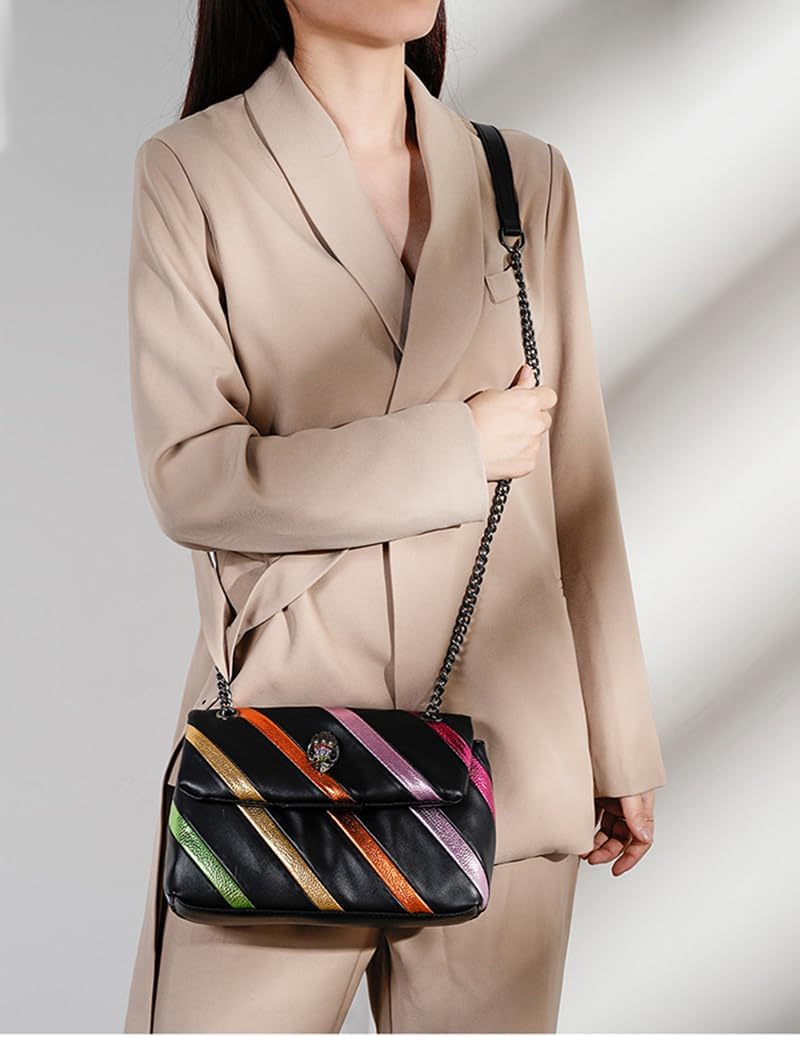 Rejolly Rainbow Stripe Crossbody Shoulder Bag for Women Color Blocking PU Leather Colourful Purse with Chain Strap | PU Leather, with Chain Strap - Image 3